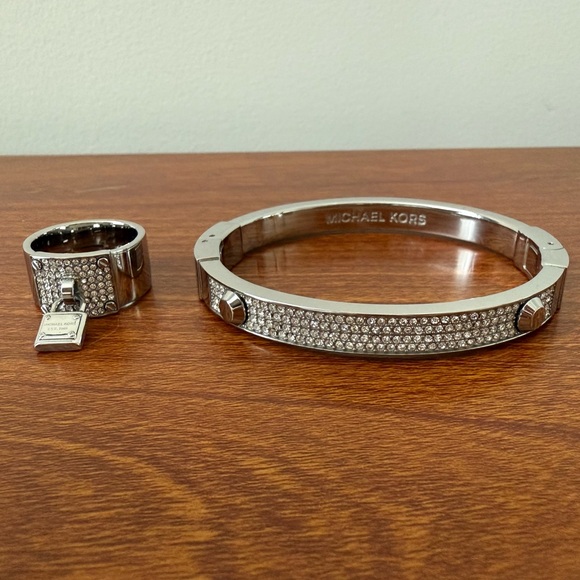 Michael Kors Jewelry - Michael Kors Silvertone Padlock Ring and Astor Stud Bracelet Matching Pair 7